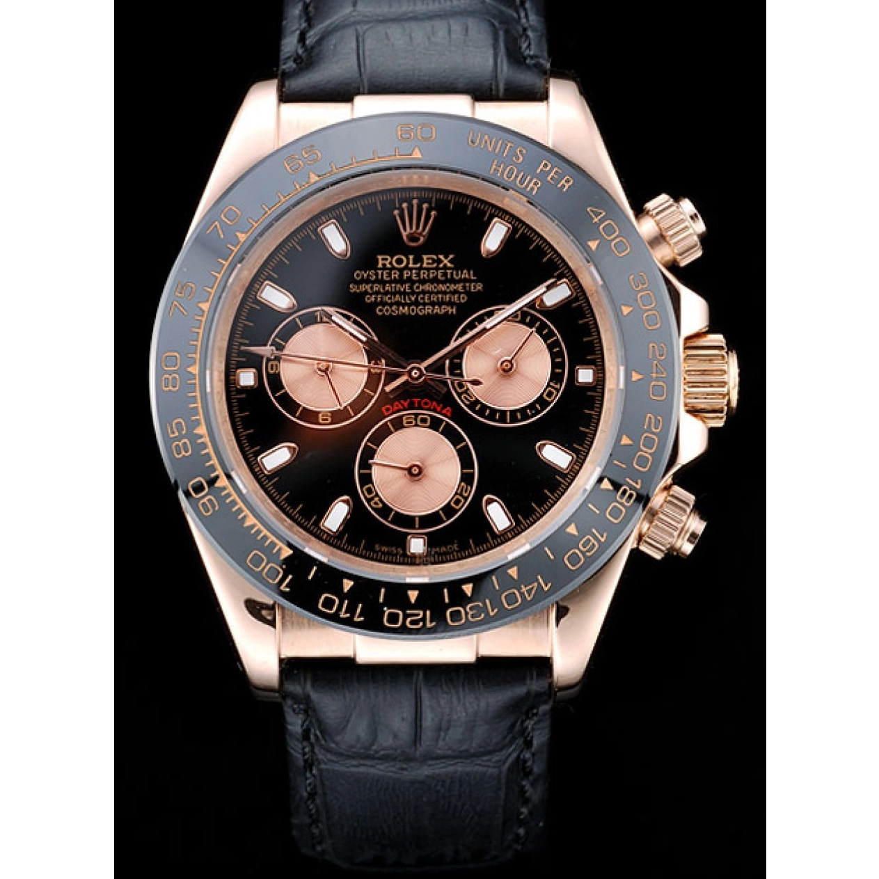 Aaa replica watch Rolex Gold Case Black Rose Daytona Leather Strap Dial Black 0824